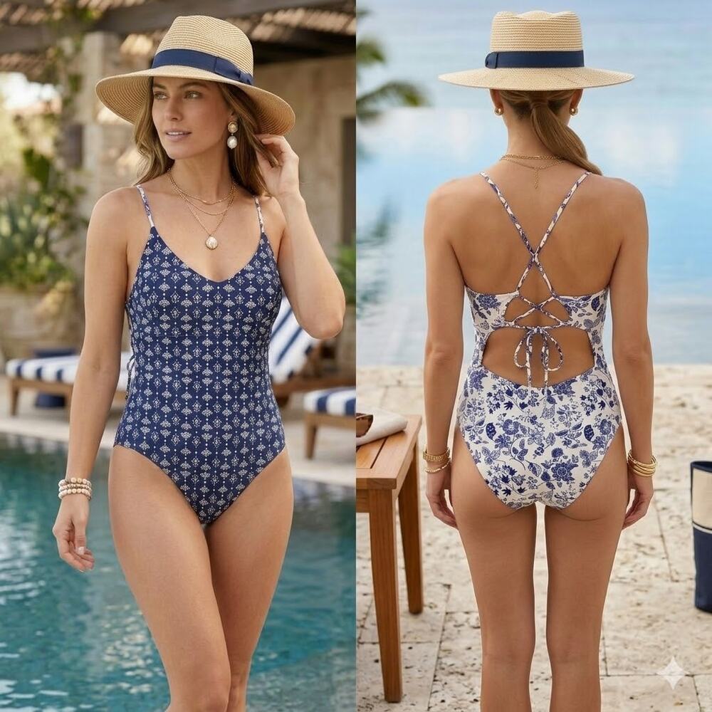 Reversible One Piece Swimsuit Navy‎ Blue White Geometric Floral Size XL Lace Up